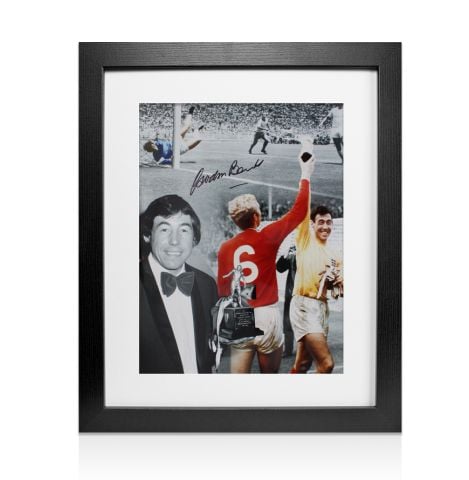 Framed Gordon Banks Signed Montage Print: Footballer Of The Year and World Cup Trophies