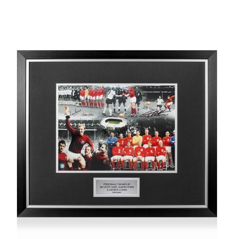 Premium Framed England World Cup Montage Print Signed by Sir Geoff Hurst, Martin Peters & George Cohen 