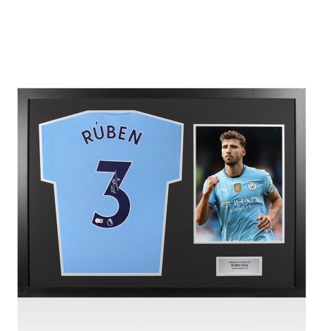 Framed Ruben Dias Signed Manchester City Shirt: Home, 2024-25 - Panoramic