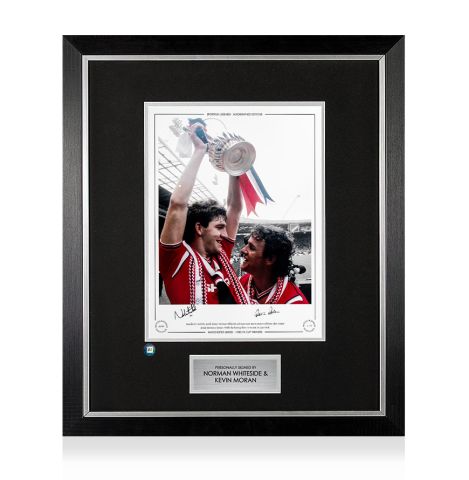 Premium Framed Norman Whiteside & Kevin Moran Signed Photo - 1985 FA Cup Winners