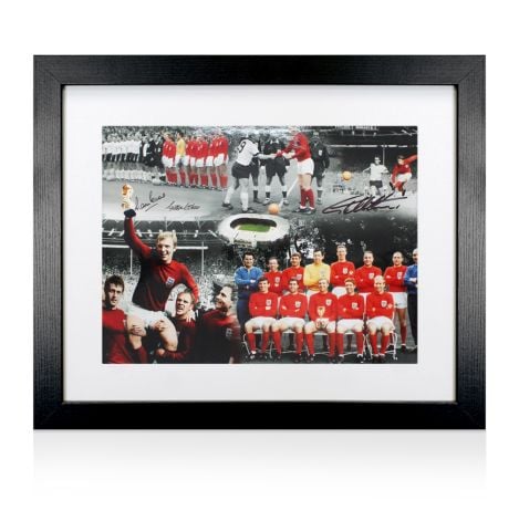 Framed England World Cup Montage Print Signed by Sir Geoff Hurst, Martin Peters & George Cohen