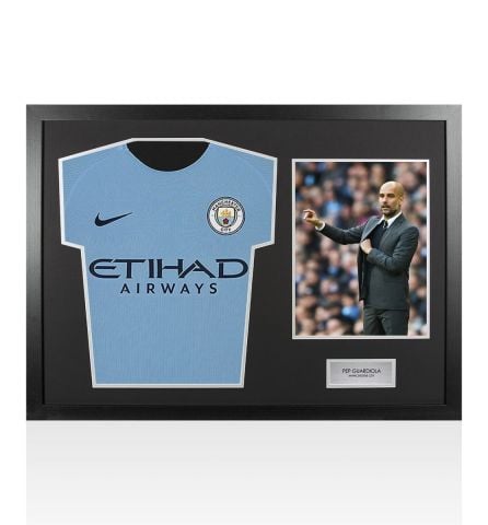 UNSIGNED Pep Guardiola Manchester City 2017/18 Home Shirt - Tribute Frame