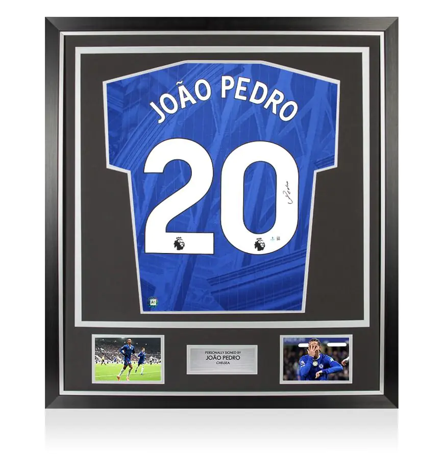 Framed Joao Pedro Signed Chelsea Shirt: Home, 2025-26 - Premium