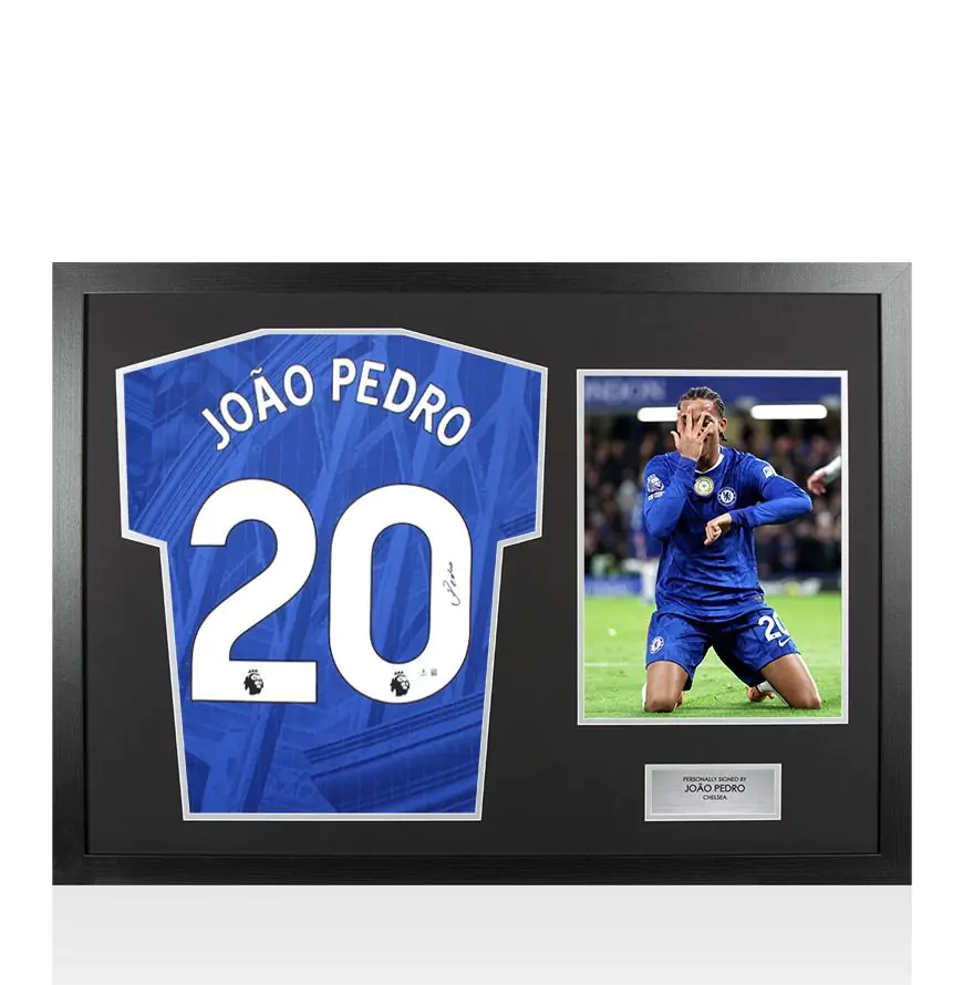 Framed Joao Pedro Signed Chelsea Shirt: Home, 2025-26 - Panoramic