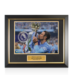 Framed Jack Grealish Signed Manchester City Photo: Premier League Trophy: Trophy Winners Range